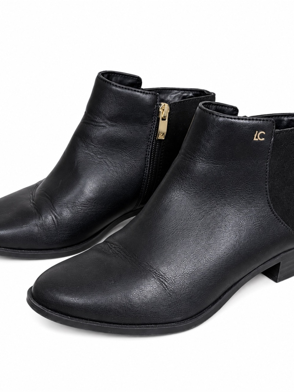 Liz Claiborne Black Ankle Booties with Gold Logo Size 7.5